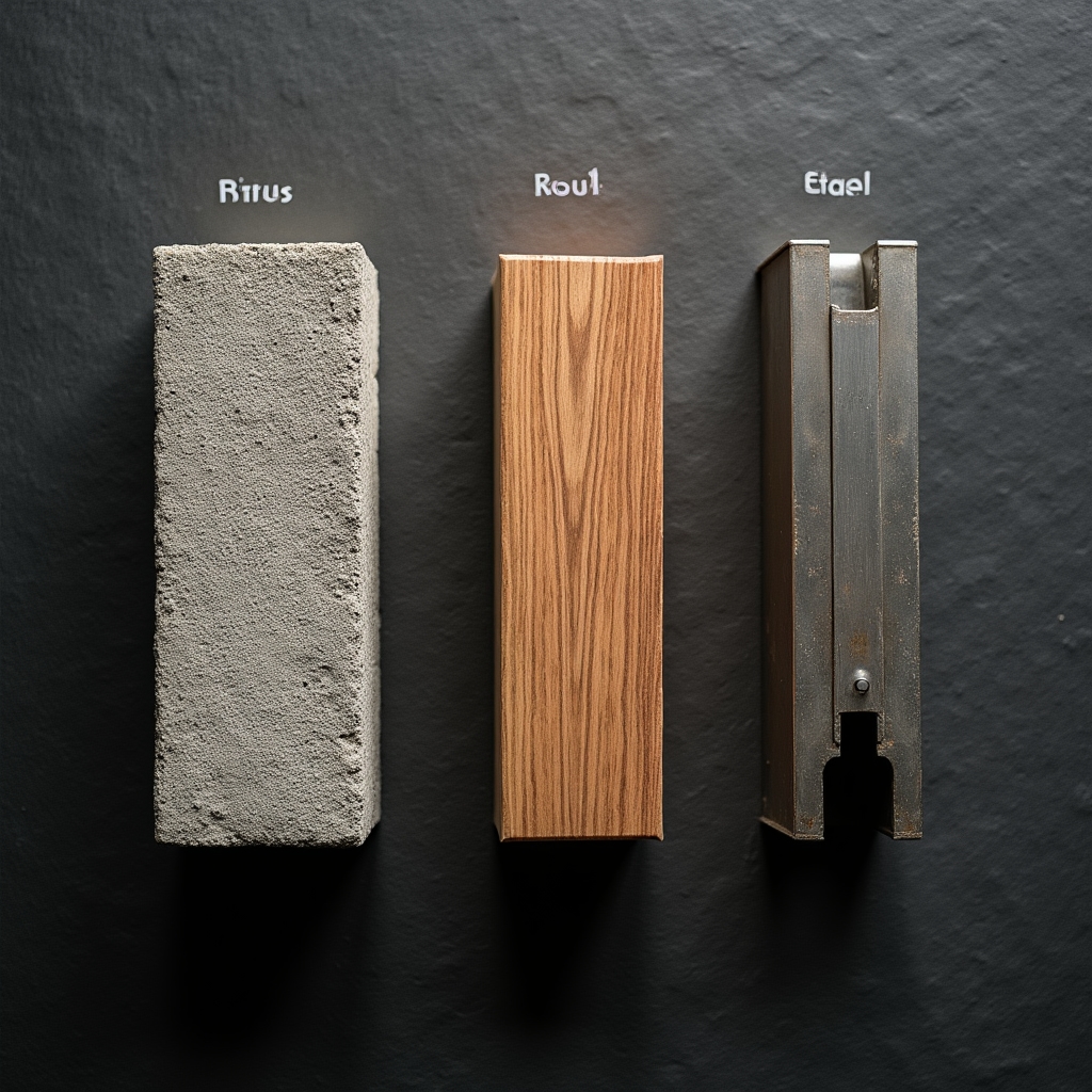 Comparison of building materials including concrete blocks, wood beams and steel profiles