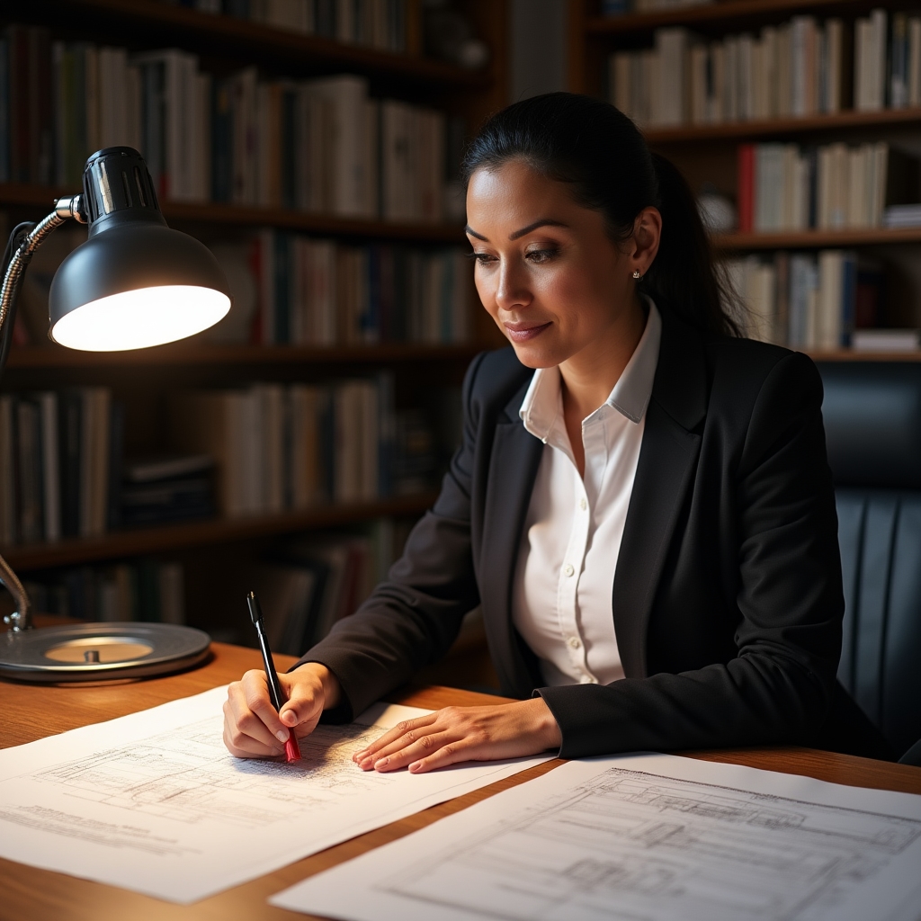 Architect reviewing construction permit documents at a desk with blueprints