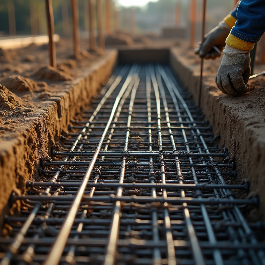 Close-up of concrete foundation work with rebar reinforcement