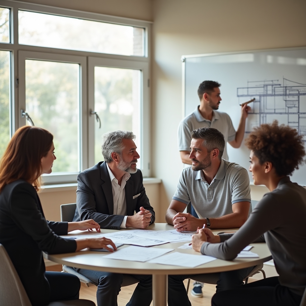 Group of people from diverse backgrounds discussing construction documents in a bright meeting room
