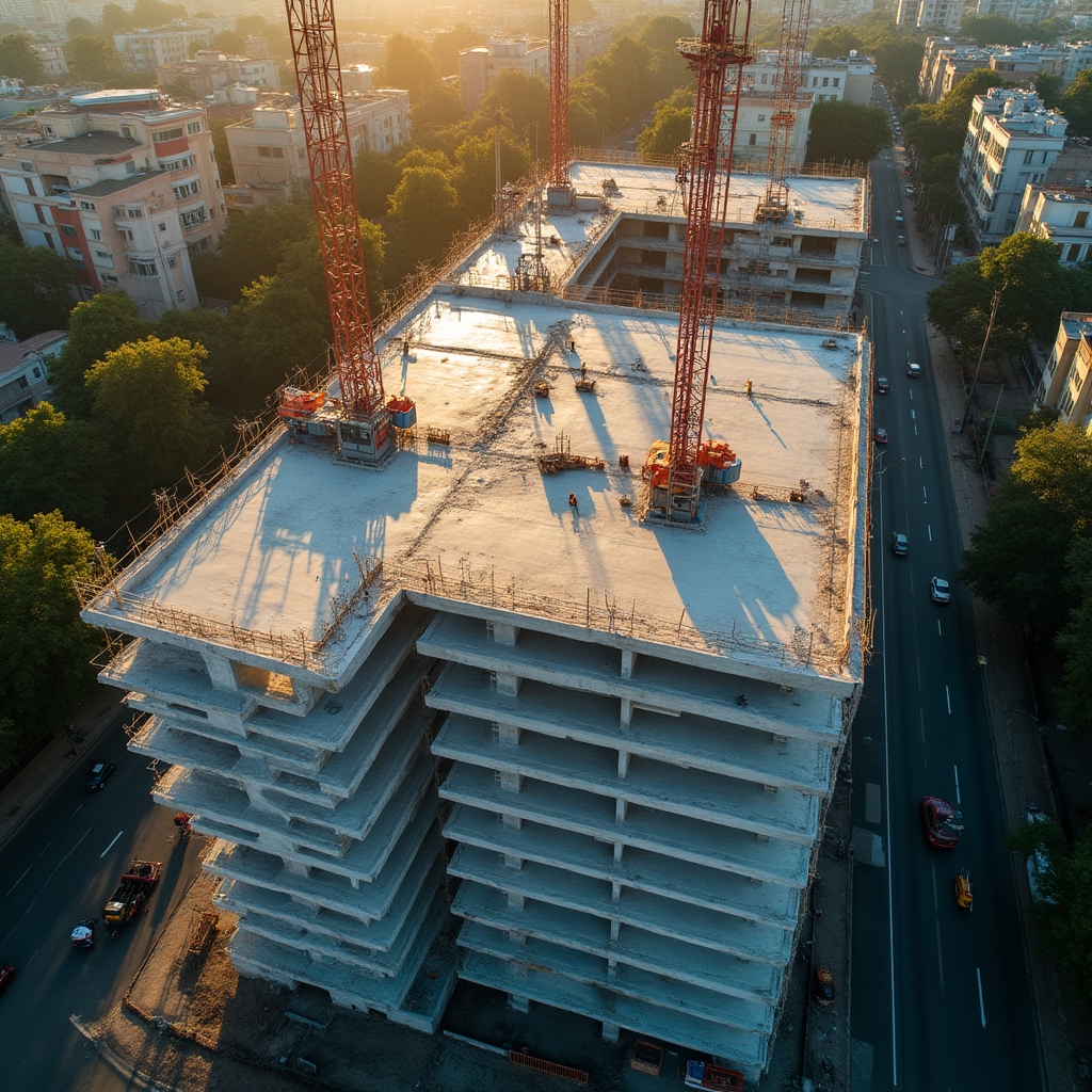 Aerial view of a construction site with workers