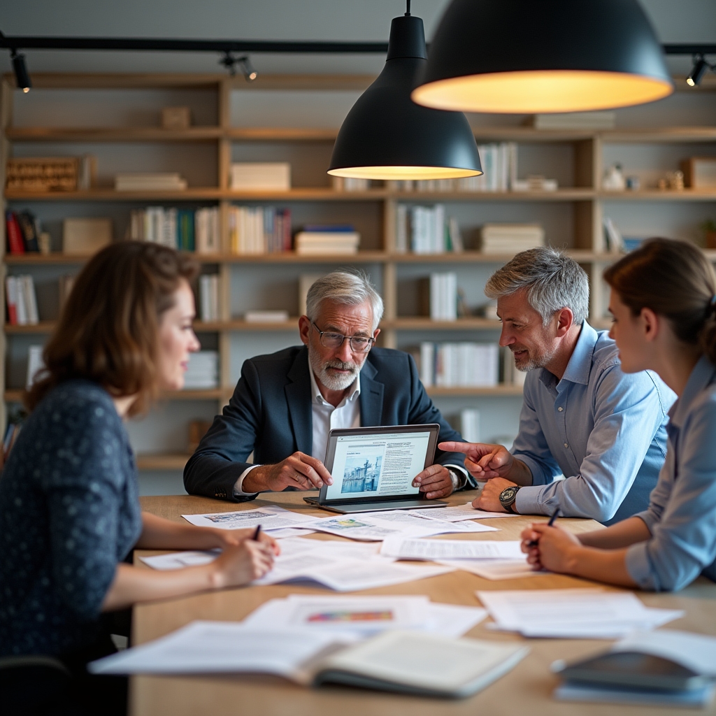 Editorial team reviewing construction articles at a table with documents and laptops