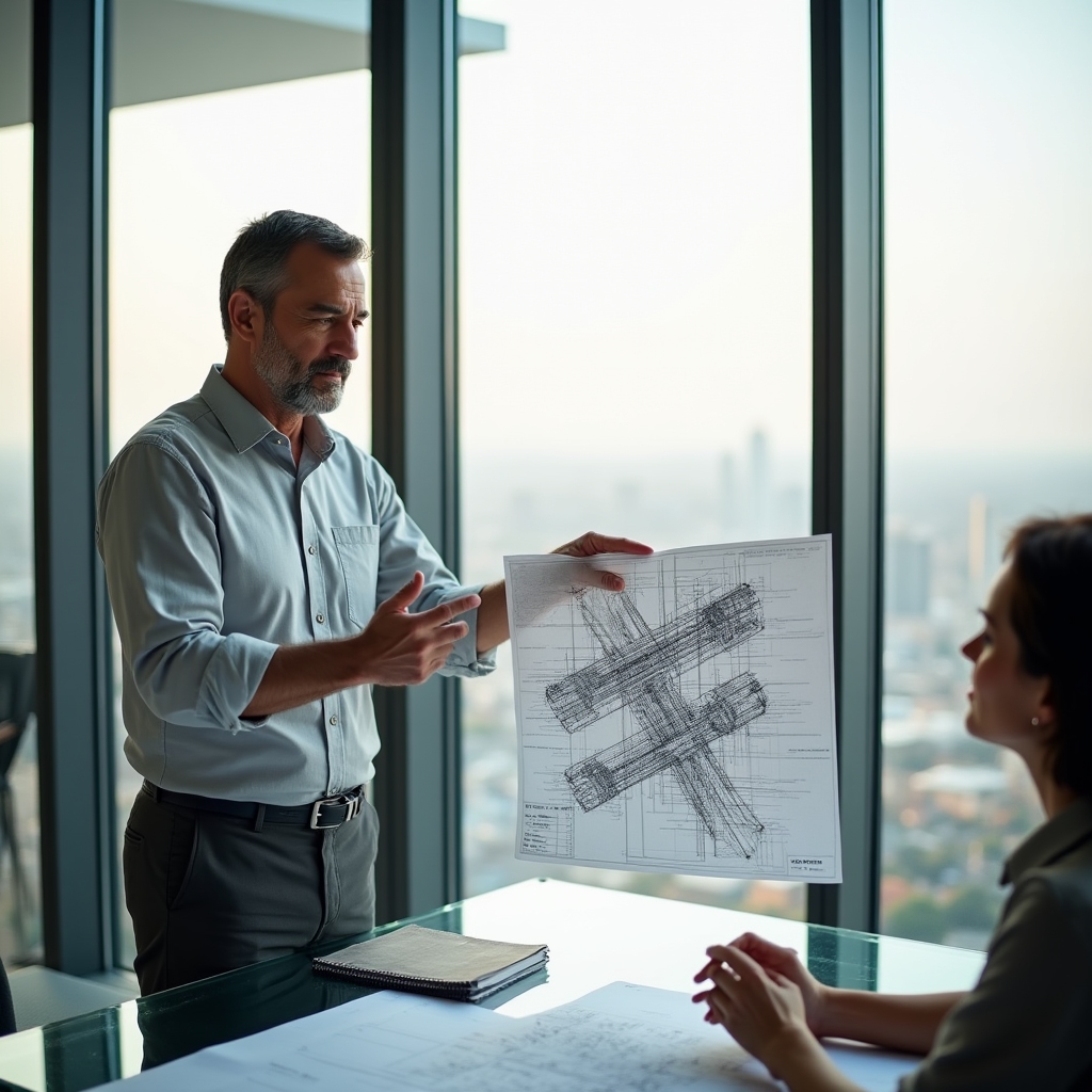Professional engineer explaining construction plans to a client in an office setting